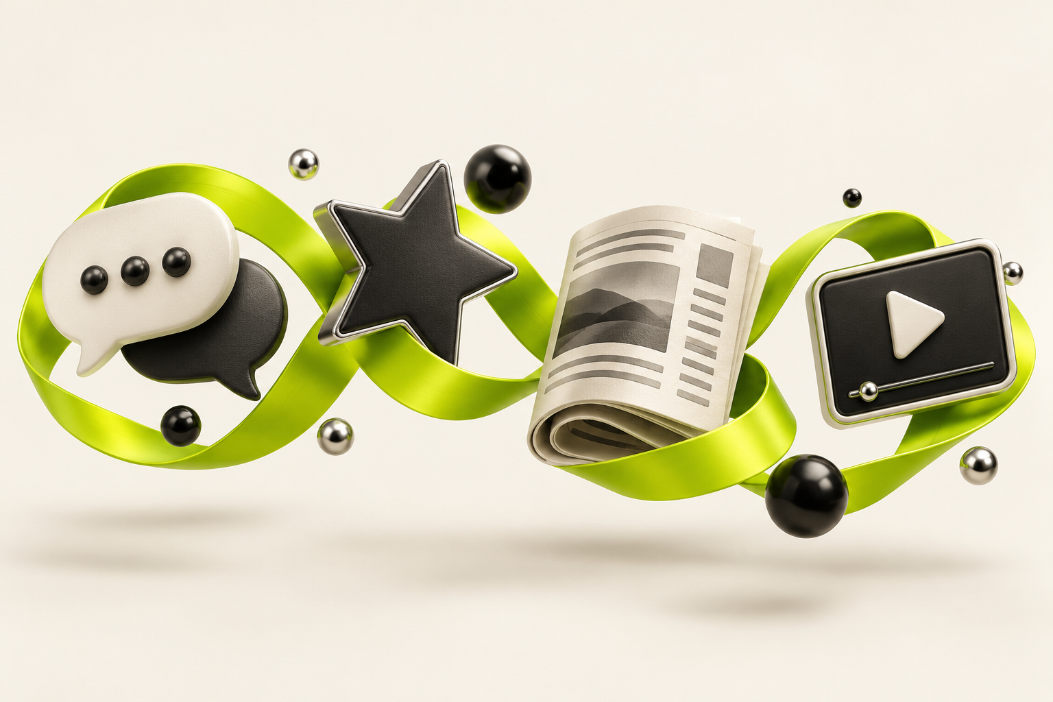 Sculptural illustration connecting conversation, reviews, news and video